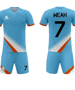 FOOTBALL Summa Drive Men's Soccer Stripe Jersey Dry Fit Light Blue/White With Orange