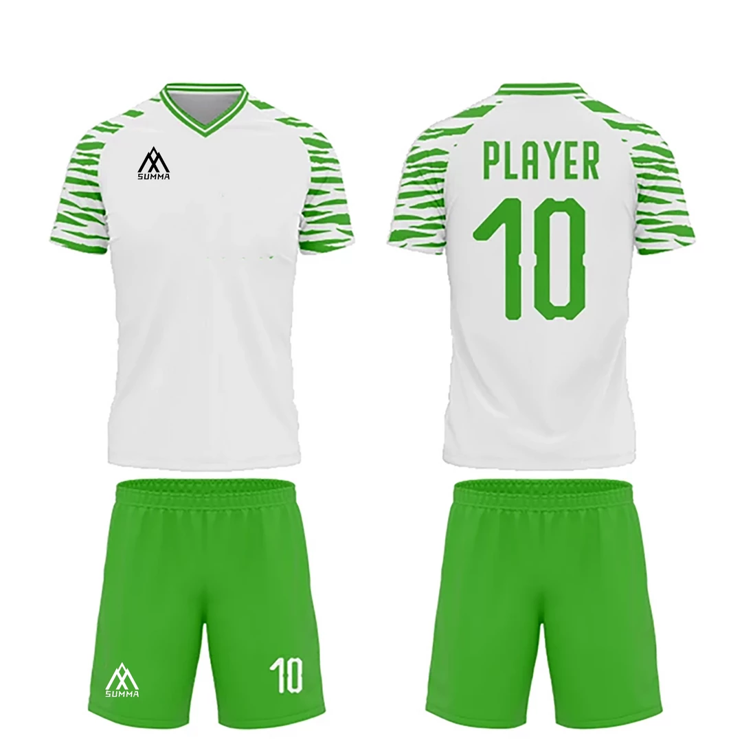 Summa Drive Quick-Dry Polyester Sublimation Football Uniform White With Green Shorts Zebra Design Pattern 5 Summa Drive Quick-Dry Polyester Sublimation Football Uniform White With Green Shorts Zebra Design Pattern