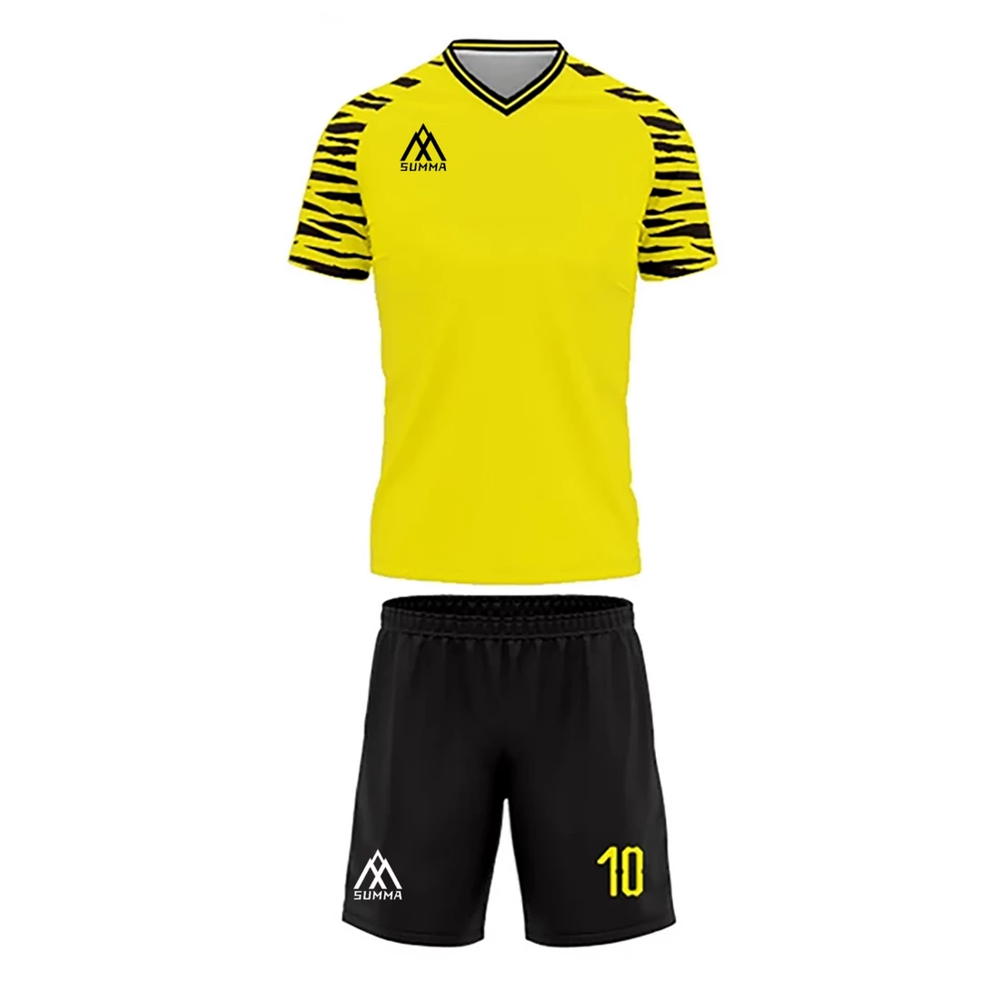 Summa Drive Quick-Dry Polyester Sublimation Football Uniform Yellow With Black Shorts Zebra Design Pattern 3 Summa Drive Quick-Dry Polyester Sublimation Football Uniform Yellow With Black Shorts Zebra Design Pattern