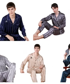 Summa Store Summa Next Fashion Men Satin Silky Long Sleeve Stripe Long Pants Sleepwear Men's Clothing